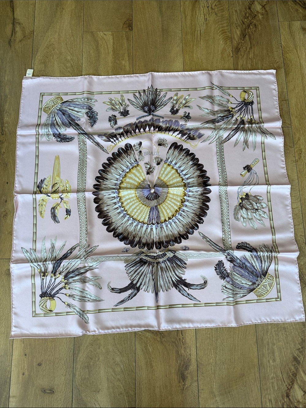 Hermes Carre 100% Silk Brazil scarf in pale pink.